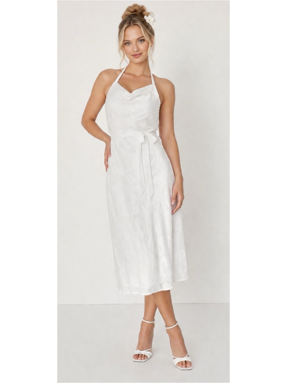 New Lulus Graceful White Floral Jacquard Halter Midi Dress Women’s Sz XL Elegant